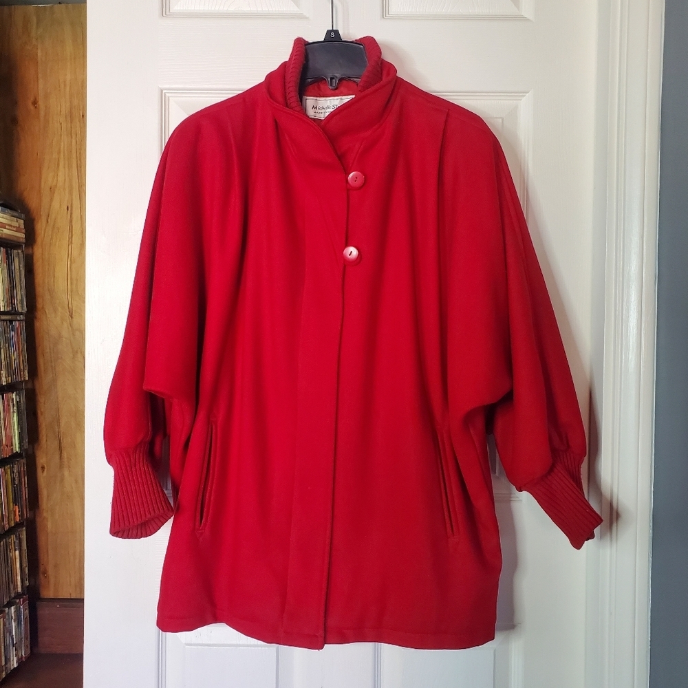 Vintage Wool Blend Red Coat Oversized Zip +‎ Buttons Classic Formal Elegant 7/8